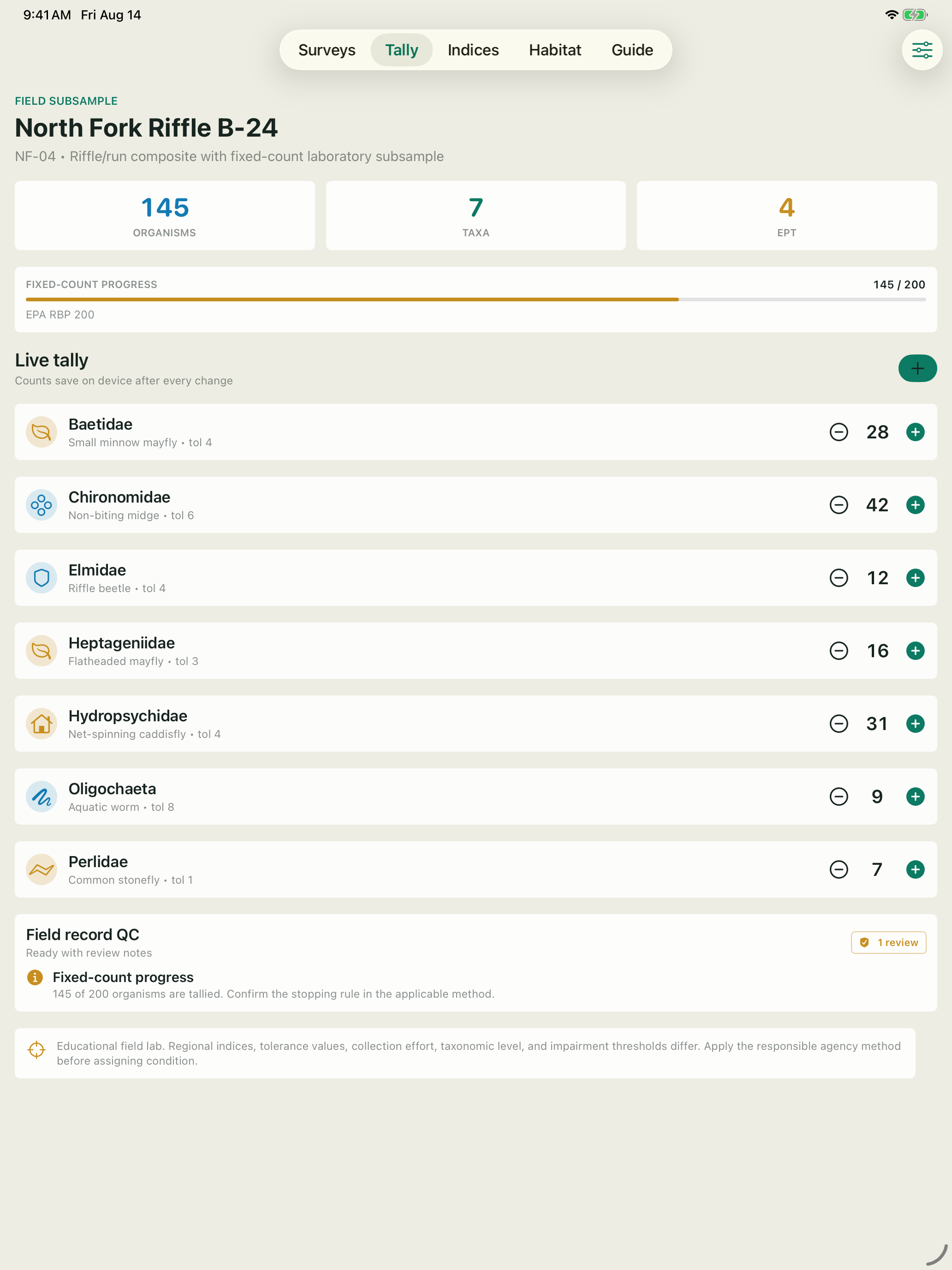 Benthoscore showing a stream survey tally, organism counts, fixed-count progress, and field quality checks