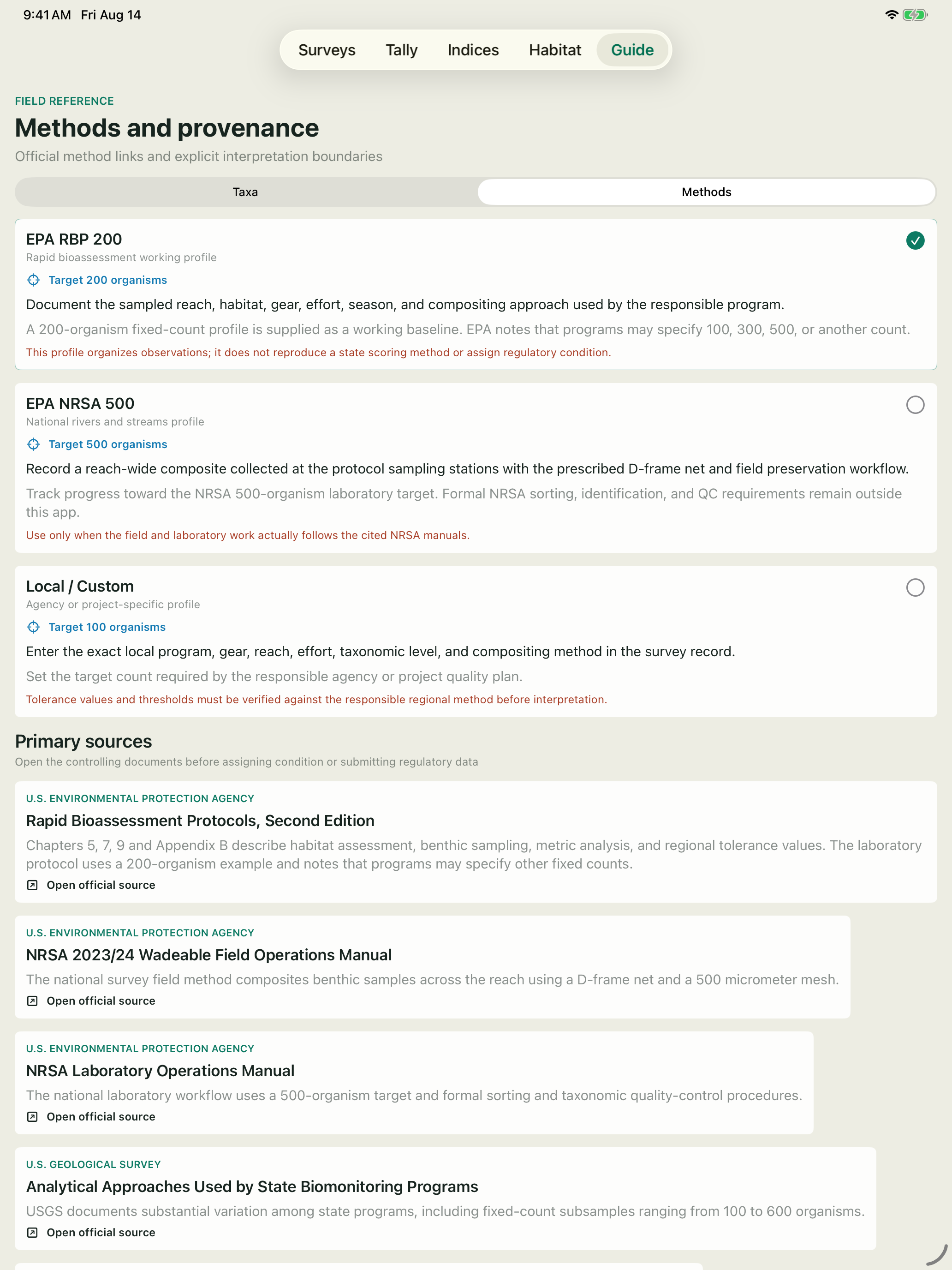 Benthoscore methods and provenance view with EPA RBP, EPA NRSA, custom profiles, and official source links